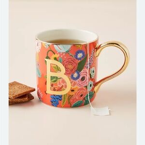 Anthropologie x Rifle Paper Co Floral Coffee Cup Mug Gold Letter B Monogram